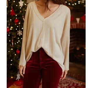 POL Beige Ribbed Knit Top - Small Cottagecore Holiday Boho Neutral Slouchy Layer